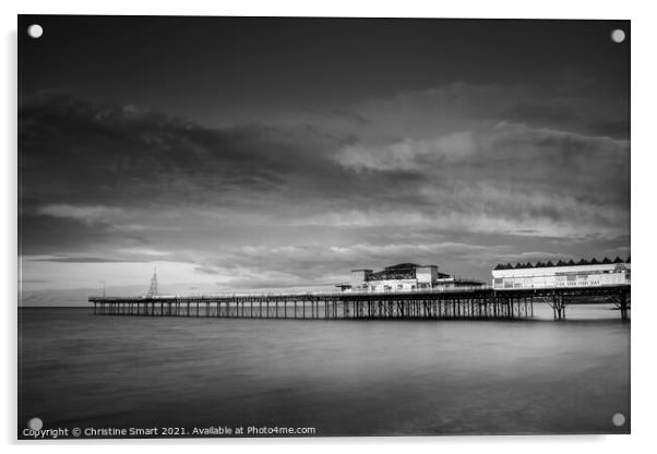 Cloudy Sunset over Colwyn Bay Pier - Monochrome/Black and White Seascape North Wales Landmark - Coast/Seaside Acrylic by Christine Smart