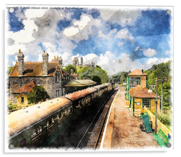 Steam Trains at Corfe Castle Station Acrylic by Helen Hotson