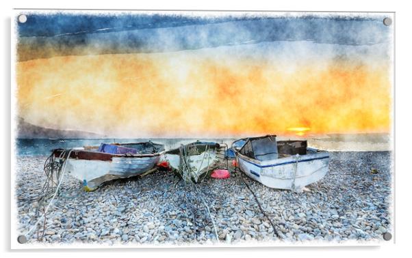 Boats on Chesil Beach Acrylic by Helen Hotson