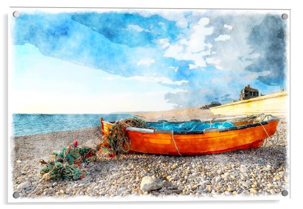 Fisning Boat on Chesil Beach Acrylic by Helen Hotson