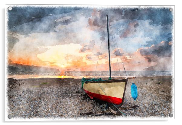 Sailing boat under a beautiful sunrise on a shingle beach Acrylic by Helen Hotson