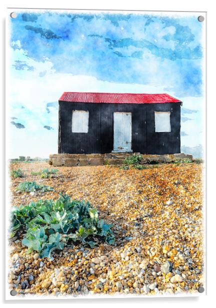 Red Hut on Rye beach Acrylic by Helen Hotson