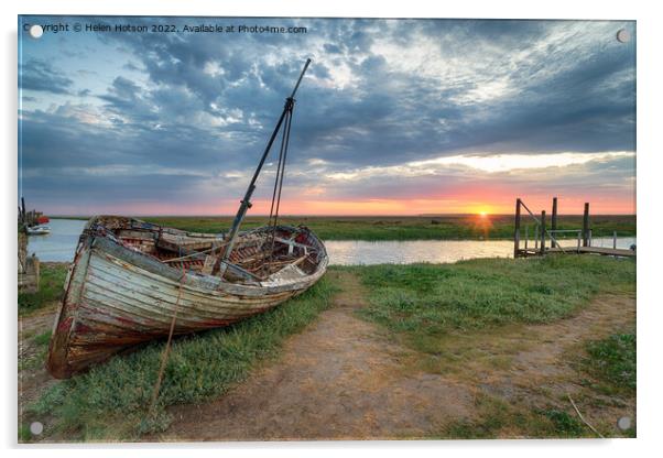Sunrise over an old fishing boat on the shore at Thornham Acrylic by Helen Hotson