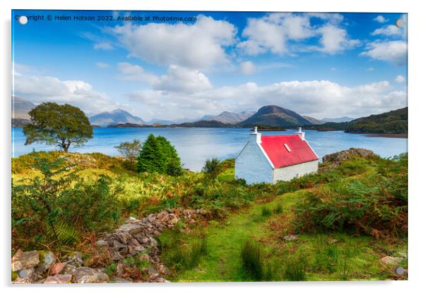 A pretty red roofed croft on the Applecross Peninsula Acrylic by Helen Hotson