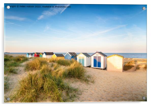 Colourfull beach huts in the sand dunes at Southwold Acrylic by Helen Hotson