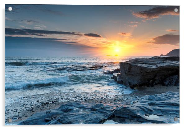 Sunset on a Cornish Beach Acrylic by Helen Hotson