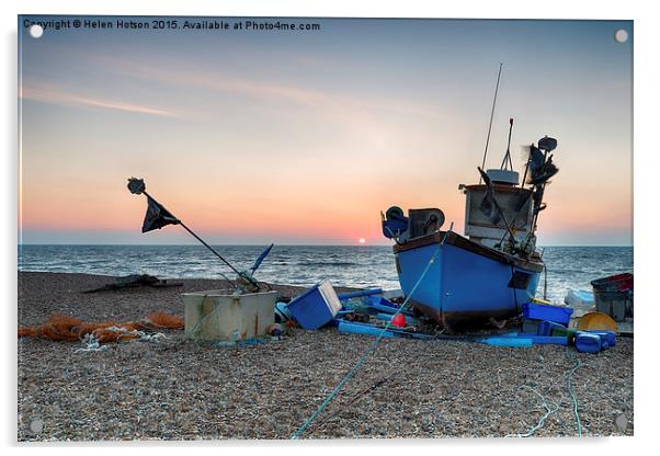 Blue Fishing Boat on a beach in Suffolk Acrylic by Helen Hotson