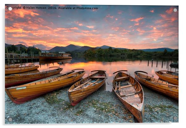 Stunning sunset over wooden rowing boats on Derwen Acrylic by Helen Hotson