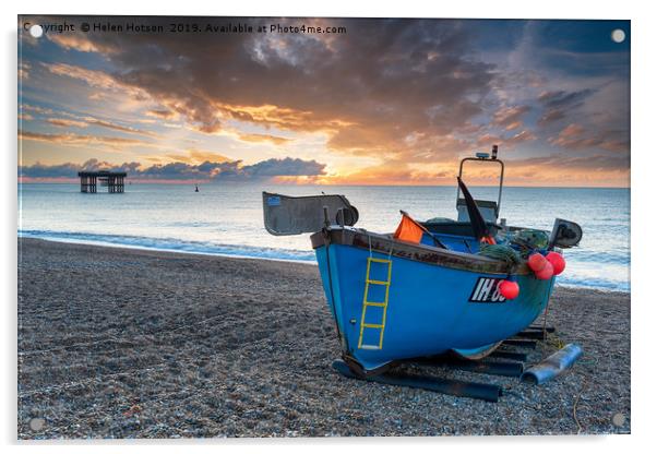 Dramatic sunrise sky over a fishing boat on the be Acrylic by Helen Hotson