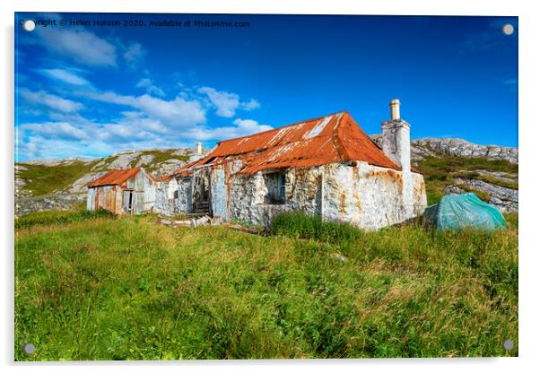 An old ruined croft with a rusty red tin roof at Quidnish Acrylic by Helen Hotson