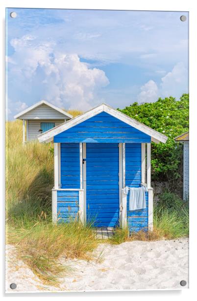 Skanor Beach Hut in Blue and White Acrylic by Antony McAulay