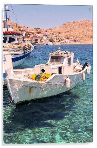 Halki Greek Island White Boat Acrylic by Antony McAulay