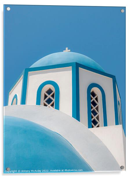 Santorini Blue Domed Church at Kamari Acrylic by Antony McAulay