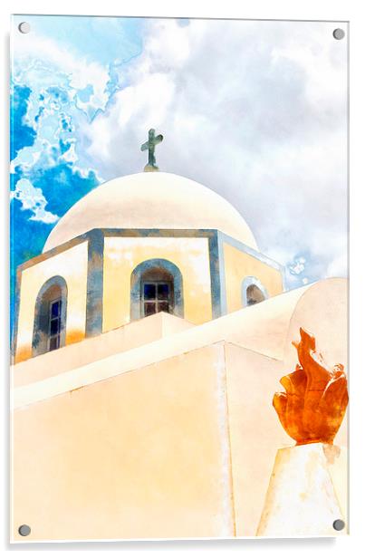 Fira catholic cathedral digital watercolour painti Acrylic by Antony McAulay