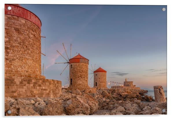 Rhodes Fort of St Nicholas and Windmills Acrylic by Antony McAulay