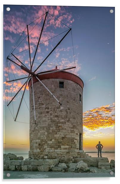 Rhodes Windmill and Sunrise Watcher Acrylic by Antony McAulay