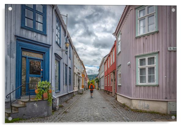 Trondheim Narrow Street with Backpacker Acrylic by Antony McAulay