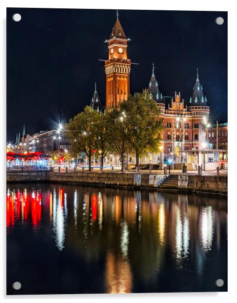 Helsingborg Town Hall Nightime With Reflection Acrylic by Antony McAulay