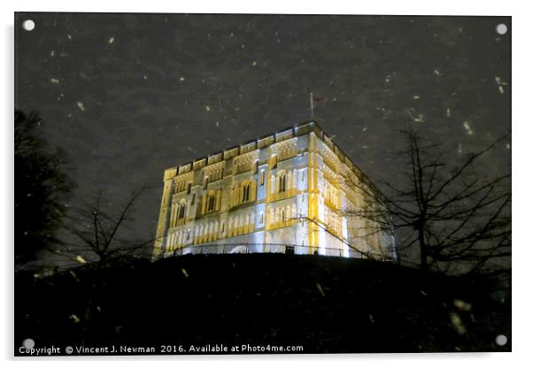 Snowy Night At Norwich Castle Museum, England Acrylic by Vincent J. Newman