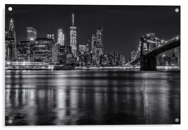 New York Skyline & Brooklyn Bridge Black & White Acrylic by Chris Curry