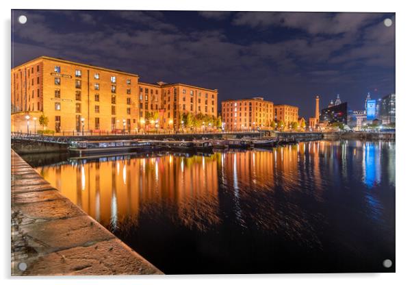 Salthouse Dock, Liverpool at Night and Royal Albert Dock Buildings Acrylic by Dave Wood