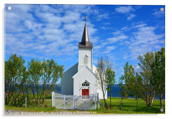 White Norwegian Village Church Acrylic by Gisela Scheffbuch