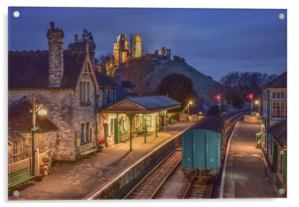Corfe village station at night  Acrylic by Shaun Jacobs