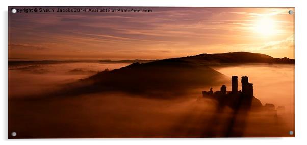 Corfe Castle through a misty sunrise Acrylic by Shaun Jacobs