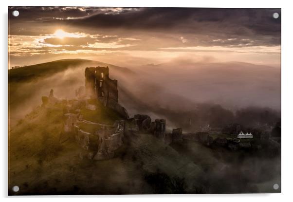 Corfe Castle misty sunrise  Acrylic by Shaun Jacobs