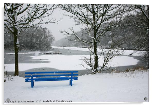 A snow covered blue bench at Bathpool Kidsgrove St Acrylic by John Keates
