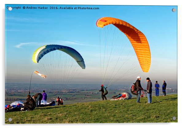 Paragliders, Westbury White Horse, Wiltshire, UK Acrylic by Andrew Harker