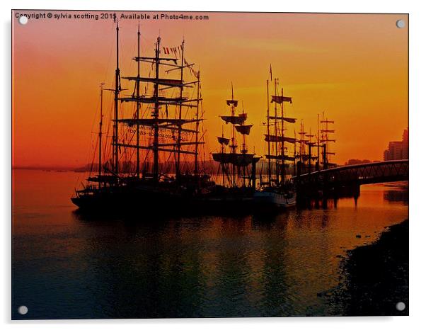 Tall ships at sunrise  Acrylic by sylvia scotting