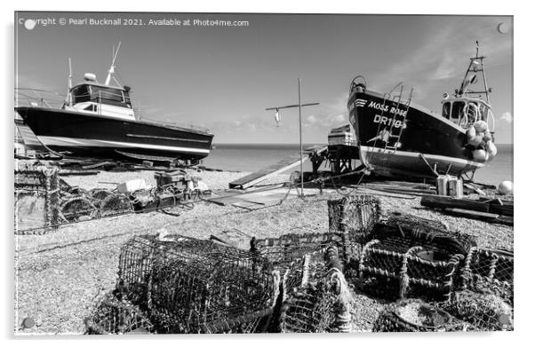 Deal seafront boats Kent Black and White Acrylic by Pearl Bucknall