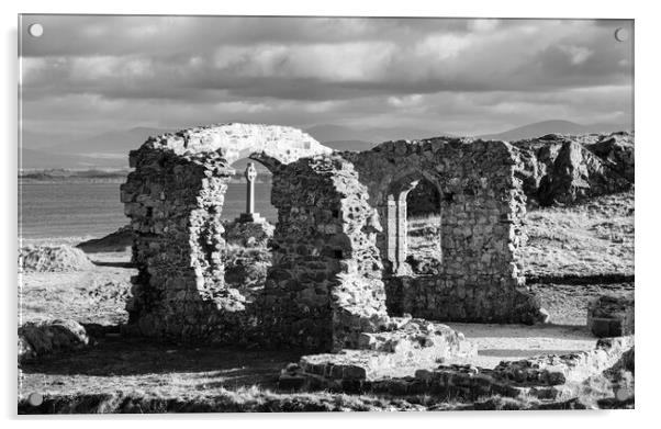 Ynys Llanddwyn Church Anglesey Monochrome Acrylic by Pearl Bucknall