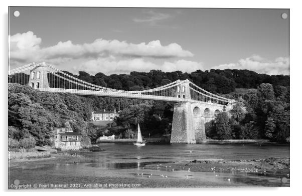 Menai Suspension Bridge Anglesey Black and White Acrylic by Pearl Bucknall