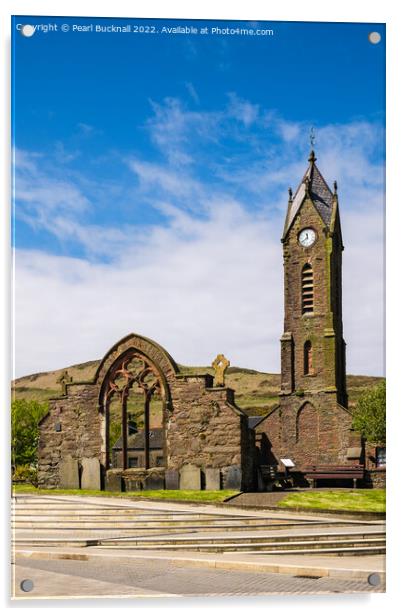 St Peter's Church and Clock Tower in Peel Isle of  Acrylic by Pearl Bucknall