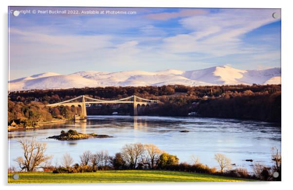 Menai Strait and Snowdonia in Winter Anglesey  Acrylic by Pearl Bucknall