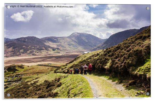 Walkers Hiking Outdoors into Cwm Eigiau Snowdonia  Acrylic by Pearl Bucknall