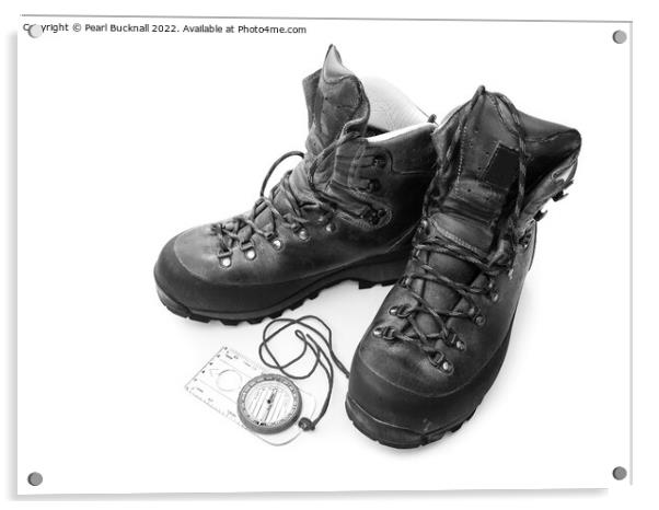 Hiking Boots and Compass Black and White Acrylic by Pearl Bucknall