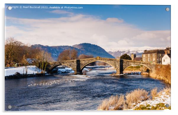 Llanrwst Bridge and Conwy River in Winter Acrylic by Pearl Bucknall