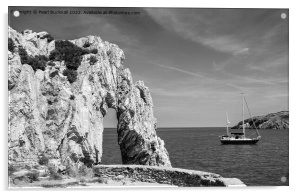 Rock Arch in the Bay Anglesey Coast Black and Whit Acrylic by Pearl Bucknall