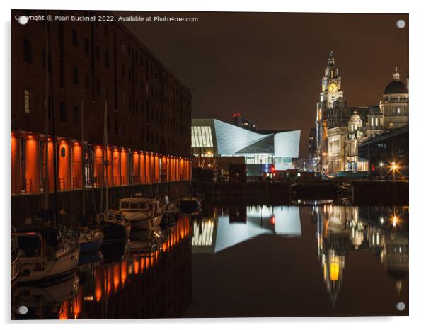 Night Reflections in Albert Dock Liverpool  Acrylic by Pearl Bucknall