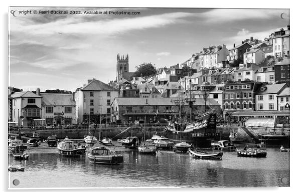 Brixham Harbour Devon Black and White Acrylic by Pearl Bucknall