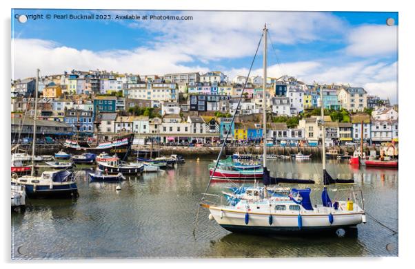 Boats in Colourful Brixham Harbour Acrylic by Pearl Bucknall