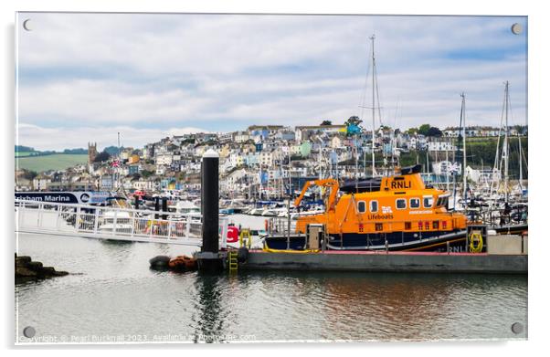 RNLI Lifeboat Brixham Harbour Devon Coast Acrylic by Pearl Bucknall