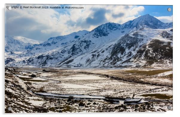 Snow in Snowdonia Mountain Landscape Acrylic by Pearl Bucknall
