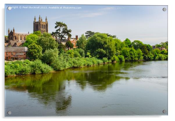 Hereford Cathedral Across River Wye Herefordshire Acrylic by Pearl Bucknall