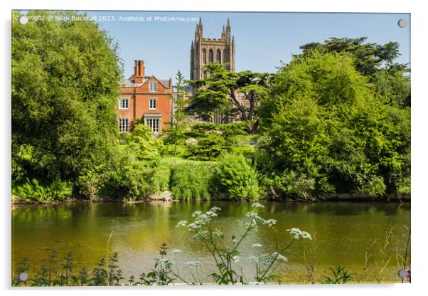 Hereford Cathedral across River Wye Herefordshire Acrylic by Pearl Bucknall