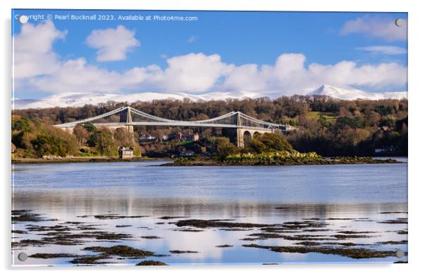 Menai Strait, Bridge and Mountains from Anglesey Acrylic by Pearl Bucknall