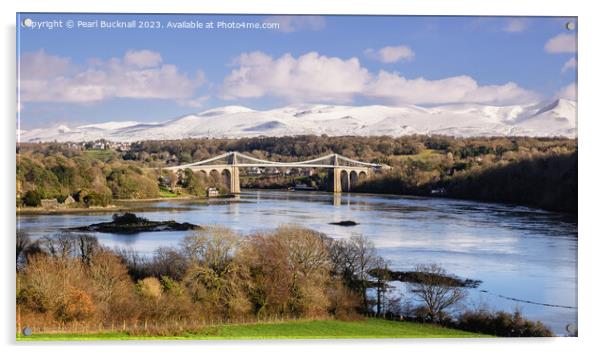Magnificent Menai and Mountains from Anglesey Pano Acrylic by Pearl Bucknall